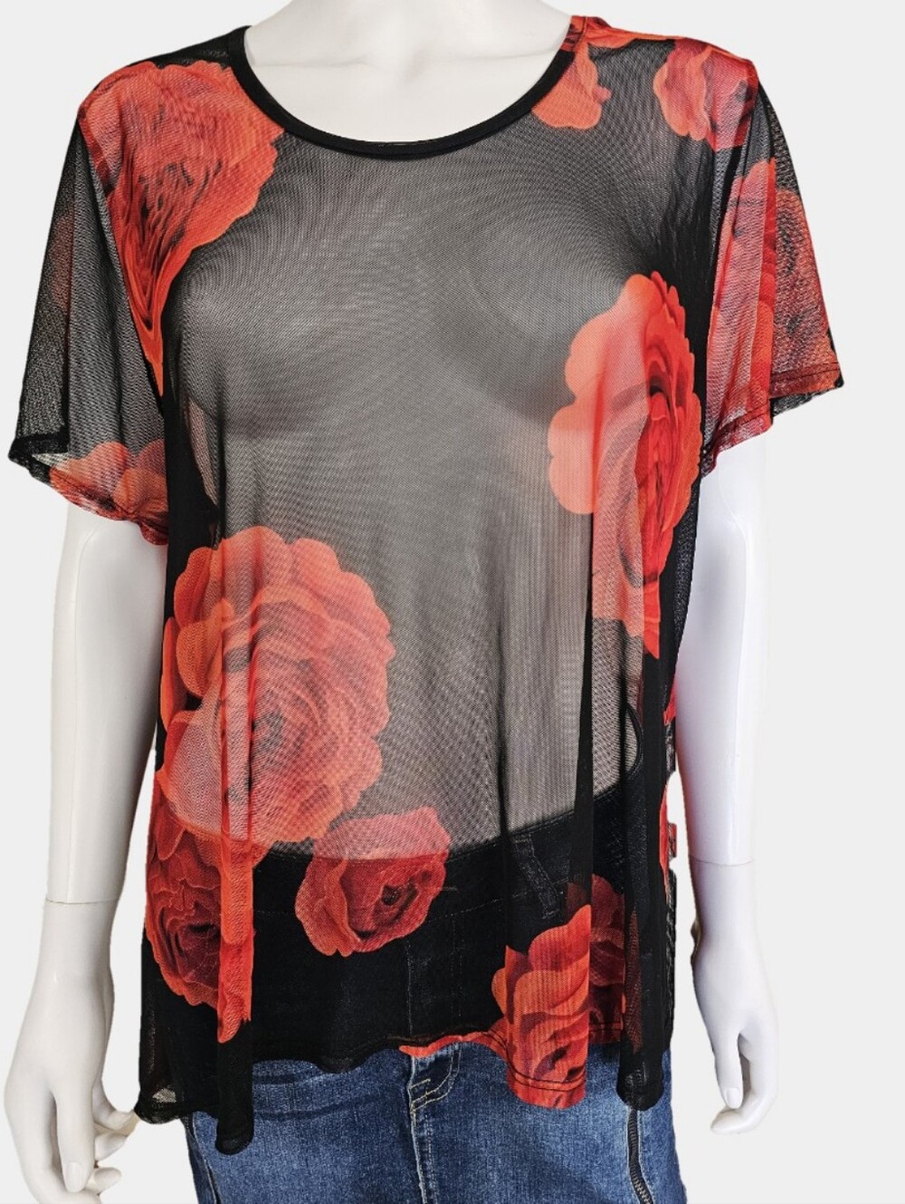 OMT Fashions Round Neck Sheer Floral Hi-Low Oversized Top Size 1X